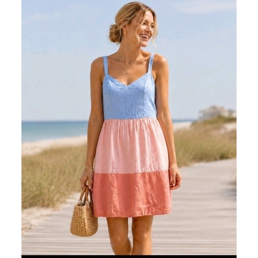 Cynthia Rowley 100% Linen Colorblock Tiered Sundress Blue Pink Coral Babydoll
